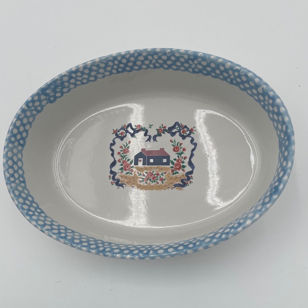 Vintage 1995 Teamson Nouvel Oval Ceramic Bowl Country Cottage Blue White 9 Inch